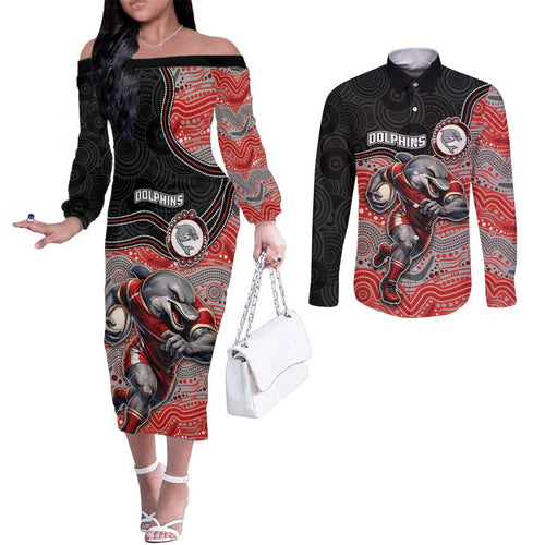 Custom Dolphins Couples Matching Off The Shoulder Long Sleeve Dress and Long Sleeve Button Shirt Fish Mascot With Aboriginal Indigenous
