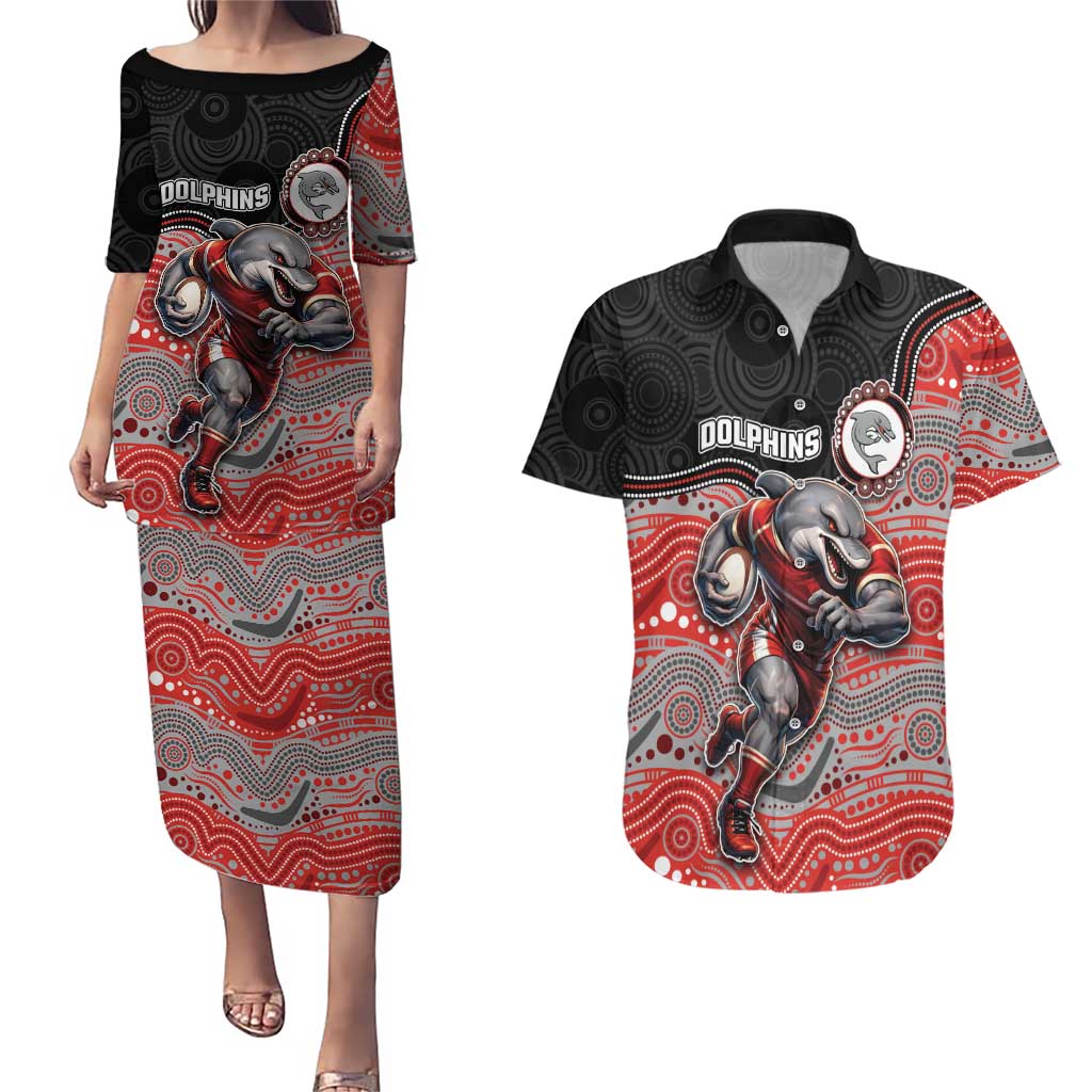 Custom Dolphins Couples Matching Puletasi and Hawaiian Shirt Fish Mascot With Aboriginal Indigenous