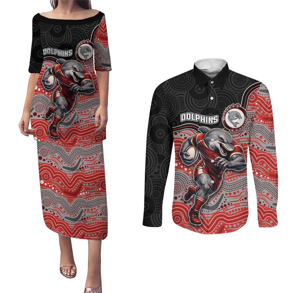 Custom Dolphins Couples Matching Puletasi and Long Sleeve Button Shirt Fish Mascot With Aboriginal Indigenous