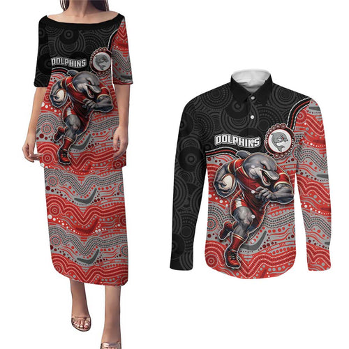 Custom Dolphins Couples Matching Puletasi and Long Sleeve Button Shirt Fish Mascot With Aboriginal Indigenous