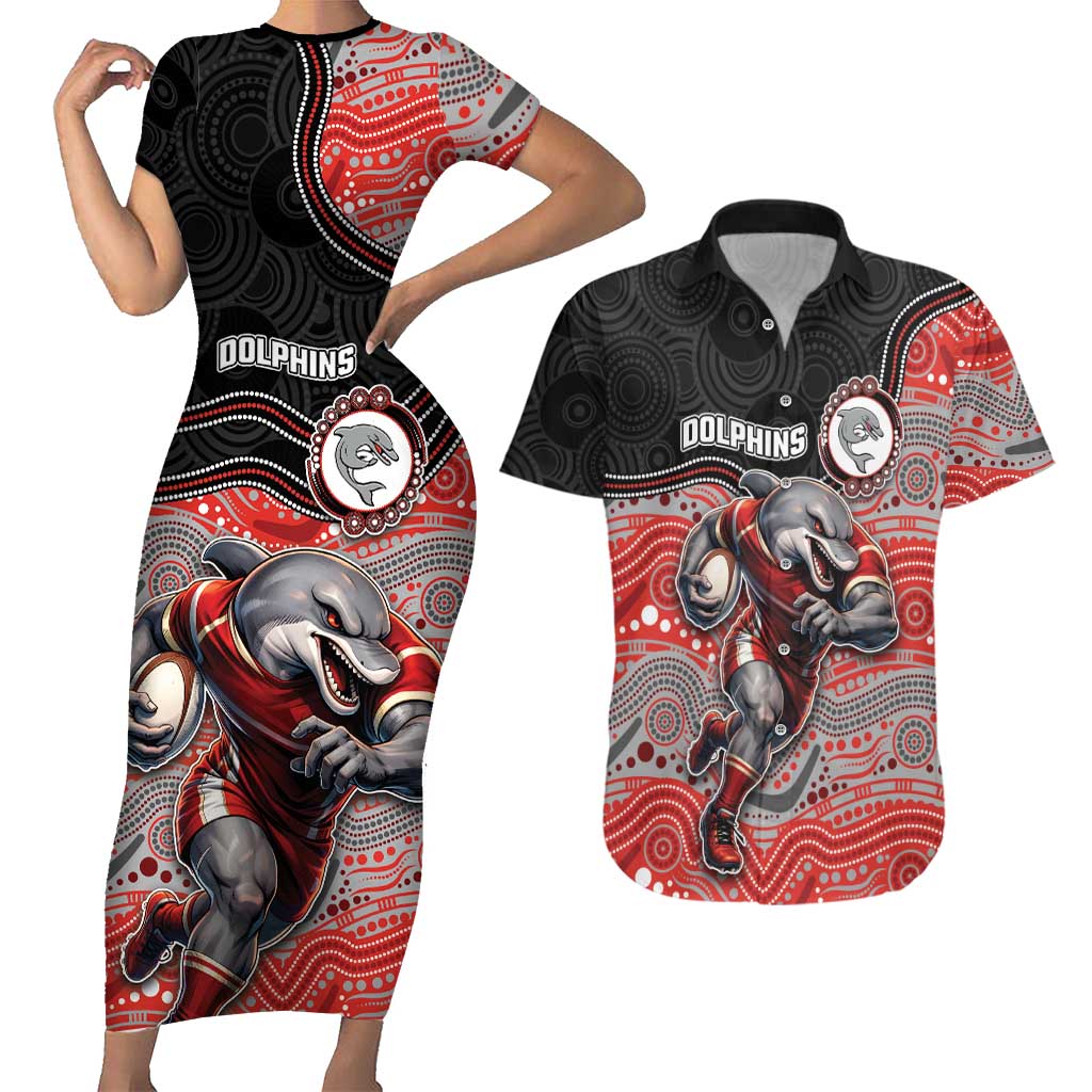 Custom Dolphins Couples Matching Short Sleeve Bodycon Dress and Hawaiian Shirt Fish Mascot With Aboriginal Indigenous