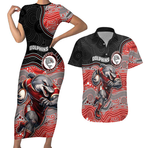 Custom Dolphins Couples Matching Short Sleeve Bodycon Dress and Hawaiian Shirt Fish Mascot With Aboriginal Indigenous