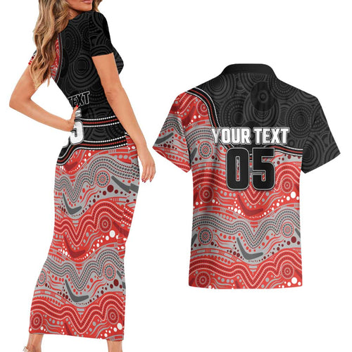 Custom Dolphins Couples Matching Short Sleeve Bodycon Dress and Hawaiian Shirt Fish Mascot With Aboriginal Indigenous