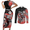 Custom Dolphins Couples Matching Short Sleeve Bodycon Dress and Long Sleeve Button Shirt Fish Mascot With Aboriginal Indigenous