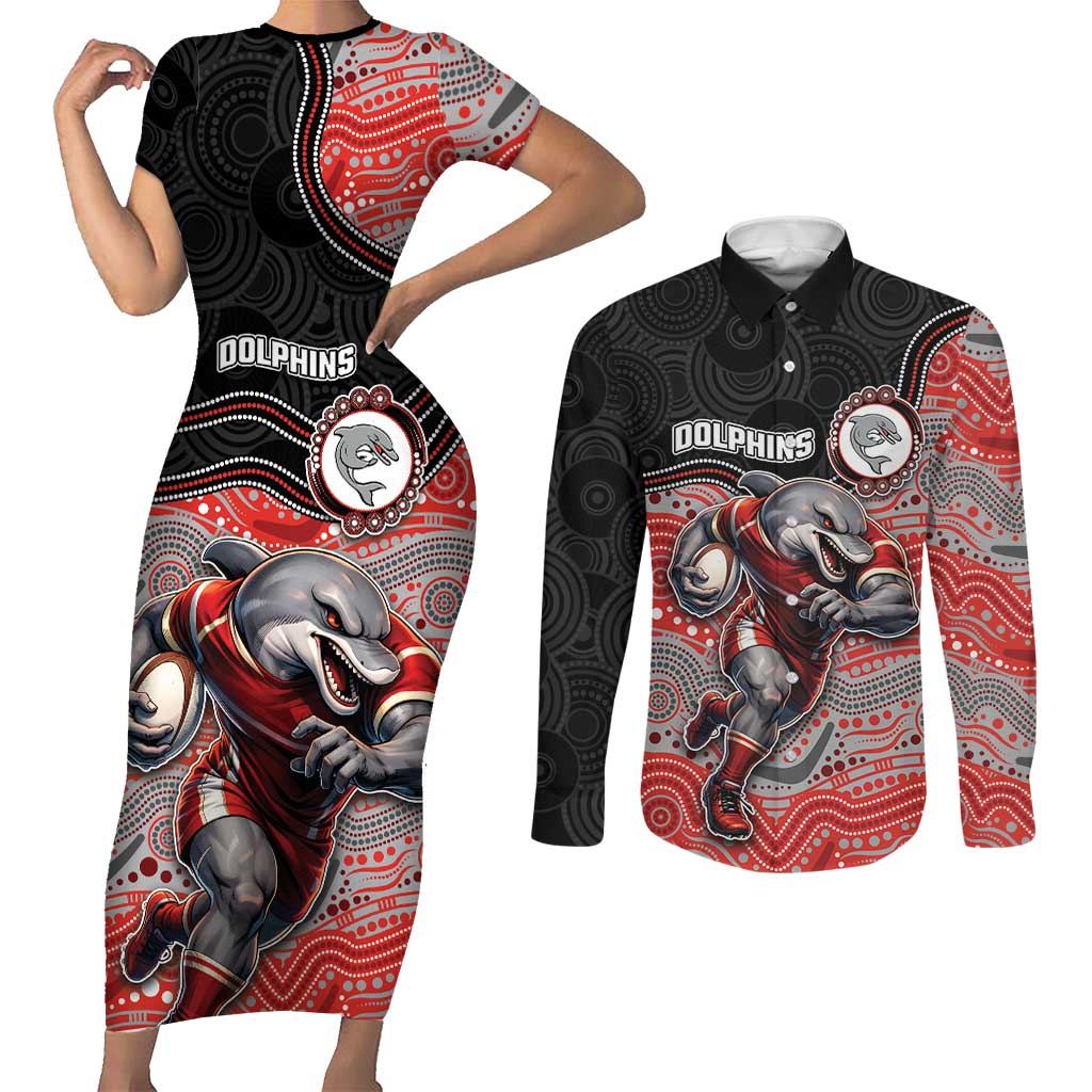 Custom Dolphins Couples Matching Short Sleeve Bodycon Dress and Long Sleeve Button Shirt Fish Mascot With Aboriginal Indigenous