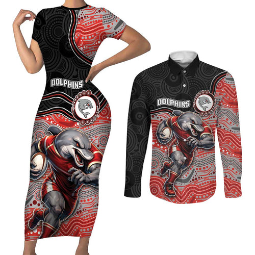 Custom Dolphins Couples Matching Short Sleeve Bodycon Dress and Long Sleeve Button Shirt Fish Mascot With Aboriginal Indigenous