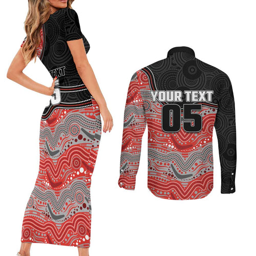 Custom Dolphins Couples Matching Short Sleeve Bodycon Dress and Long Sleeve Button Shirt Fish Mascot With Aboriginal Indigenous