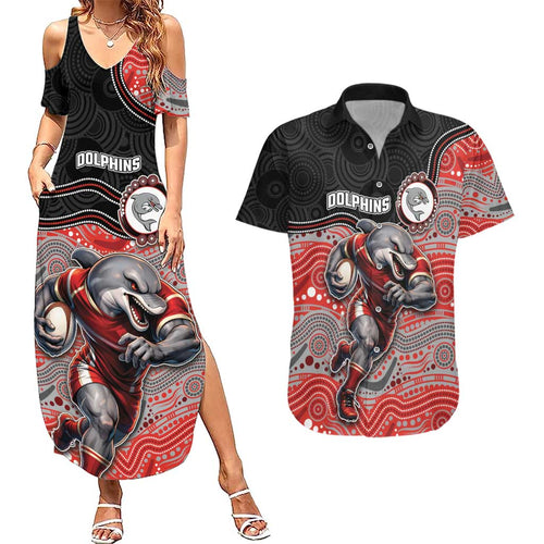 Custom Dolphins Couples Matching Summer Maxi Dress and Hawaiian Shirt Fish Mascot With Aboriginal Indigenous