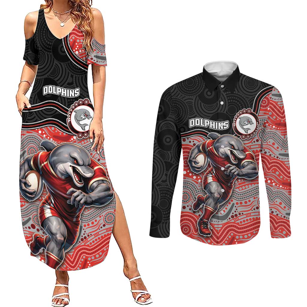 Custom Dolphins Couples Matching Summer Maxi Dress and Long Sleeve Button Shirt Fish Mascot With Aboriginal Indigenous