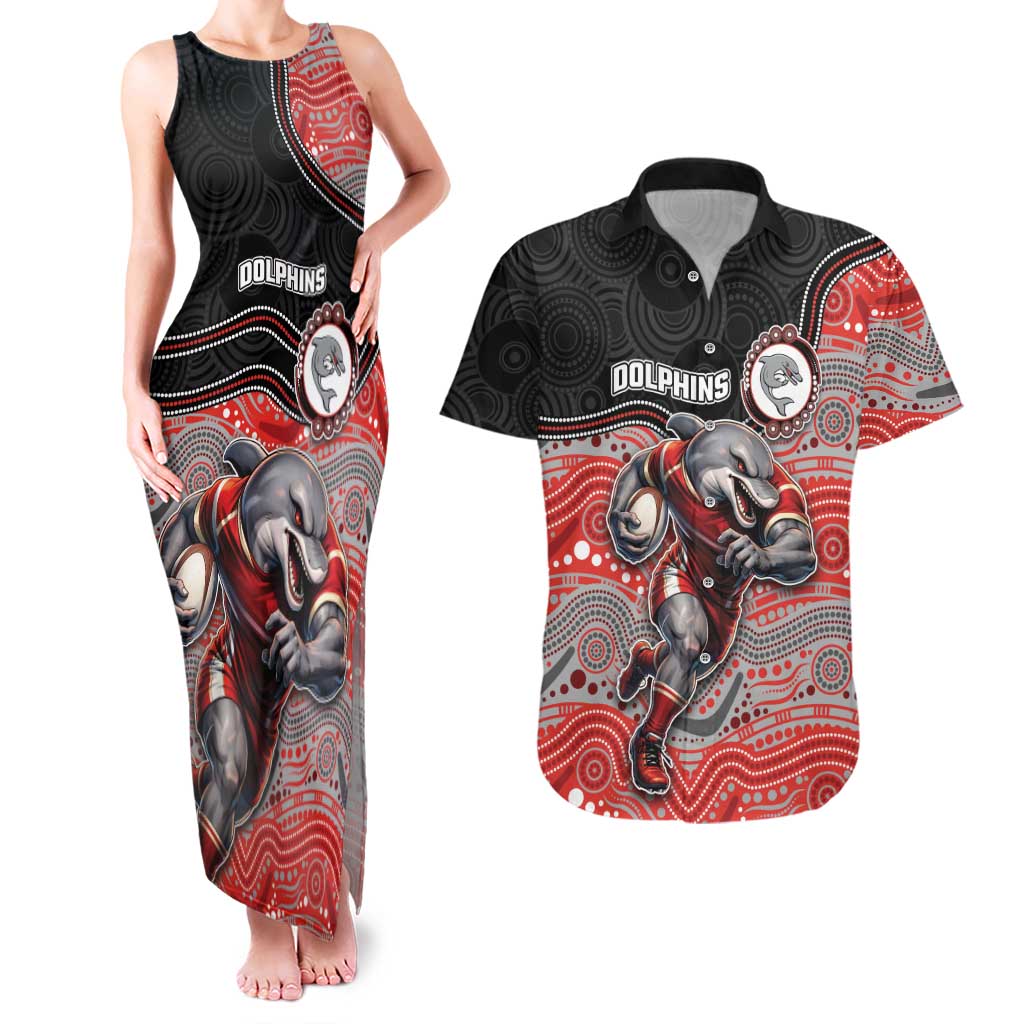 Custom Dolphins Couples Matching Tank Maxi Dress and Hawaiian Shirt Fish Mascot With Aboriginal Indigenous