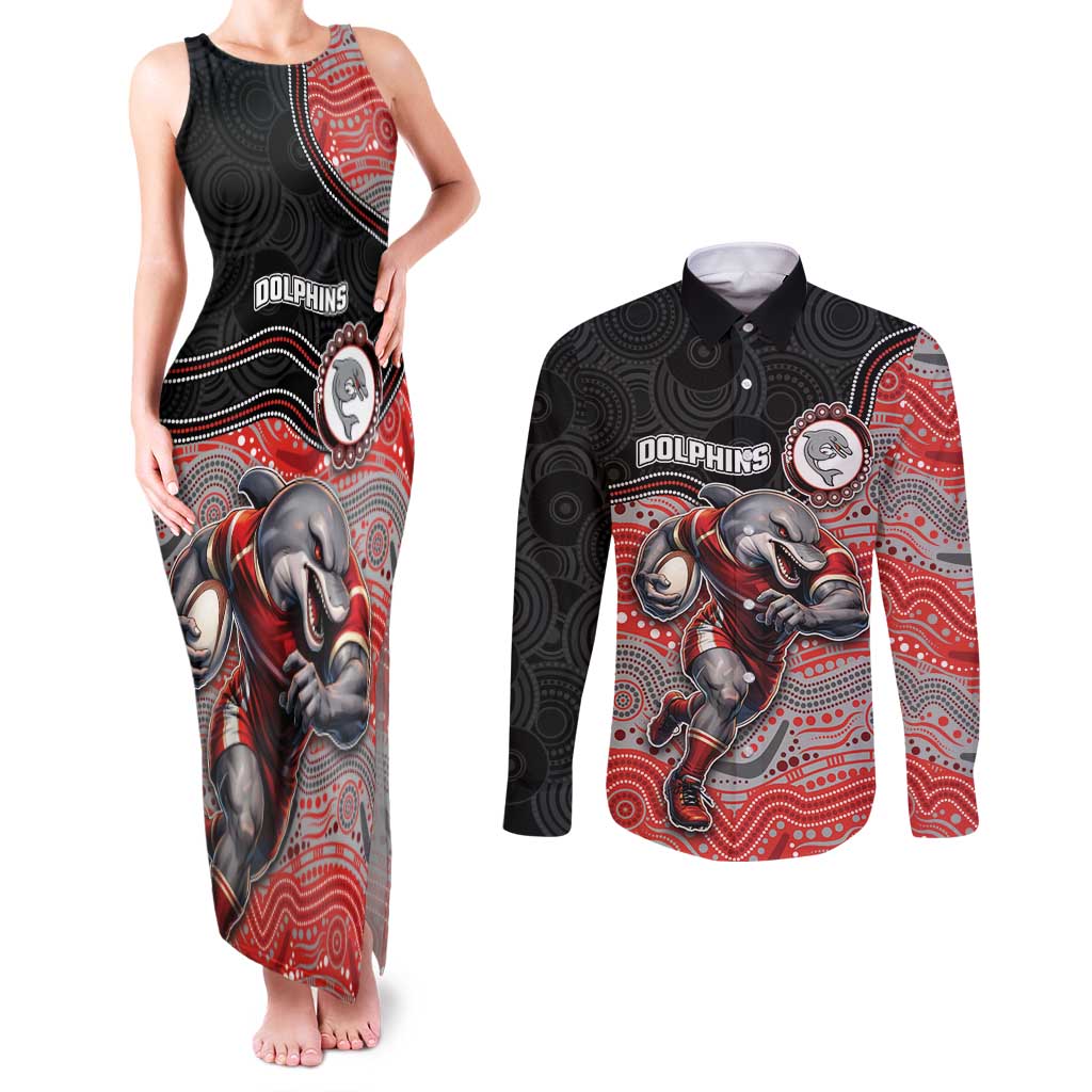 Custom Dolphins Couples Matching Tank Maxi Dress and Long Sleeve Button Shirt Fish Mascot With Aboriginal Indigenous
