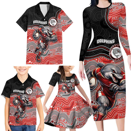 Custom Dolphins Family Matching Long Sleeve Bodycon Dress and Hawaiian Shirt Fish Mascot With Aboriginal Indigenous