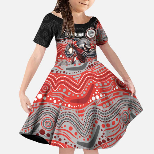 Custom Dolphins Family Matching Long Sleeve Bodycon Dress and Hawaiian Shirt Fish Mascot With Aboriginal Indigenous