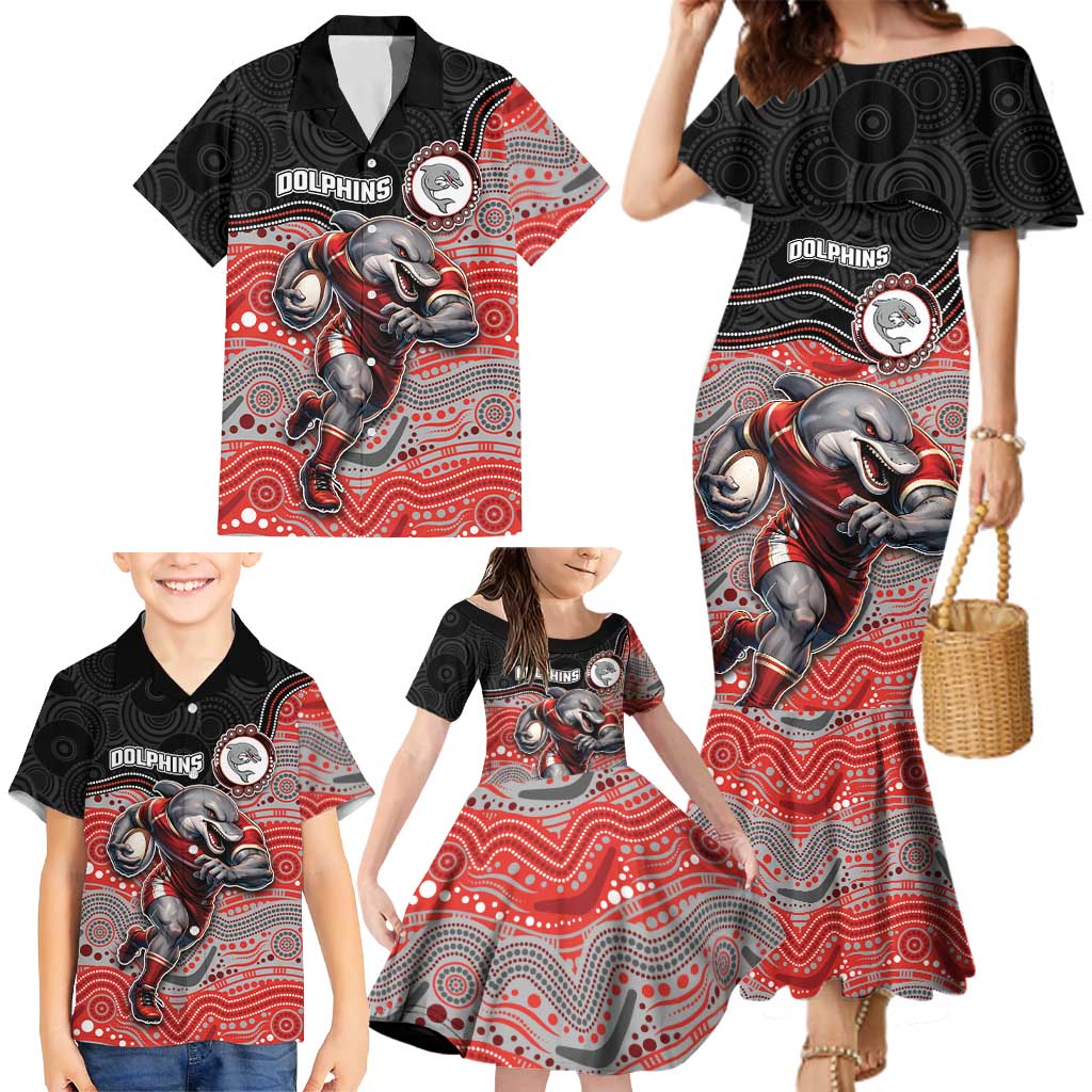 Custom Dolphins Family Matching Mermaid Dress and Hawaiian Shirt Fish Mascot With Aboriginal Indigenous