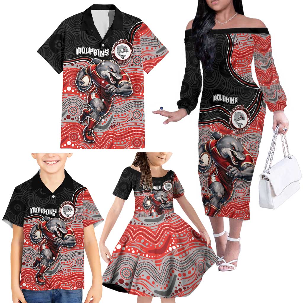 Custom Dolphins Family Matching Off The Shoulder Long Sleeve Dress and Hawaiian Shirt Fish Mascot With Aboriginal Indigenous