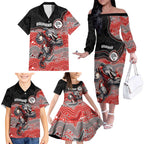 Custom Dolphins Family Matching Off The Shoulder Long Sleeve Dress and Hawaiian Shirt Fish Mascot With Aboriginal Indigenous
