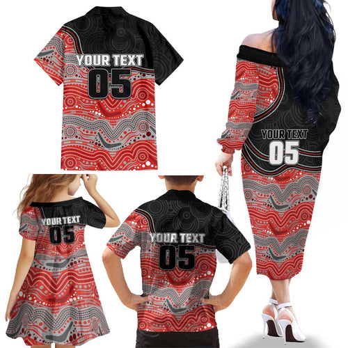 Custom Dolphins Family Matching Off The Shoulder Long Sleeve Dress and Hawaiian Shirt Fish Mascot With Aboriginal Indigenous