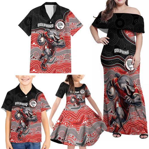Custom Dolphins Family Matching Off Shoulder Maxi Dress and Hawaiian Shirt Fish Mascot With Aboriginal Indigenous