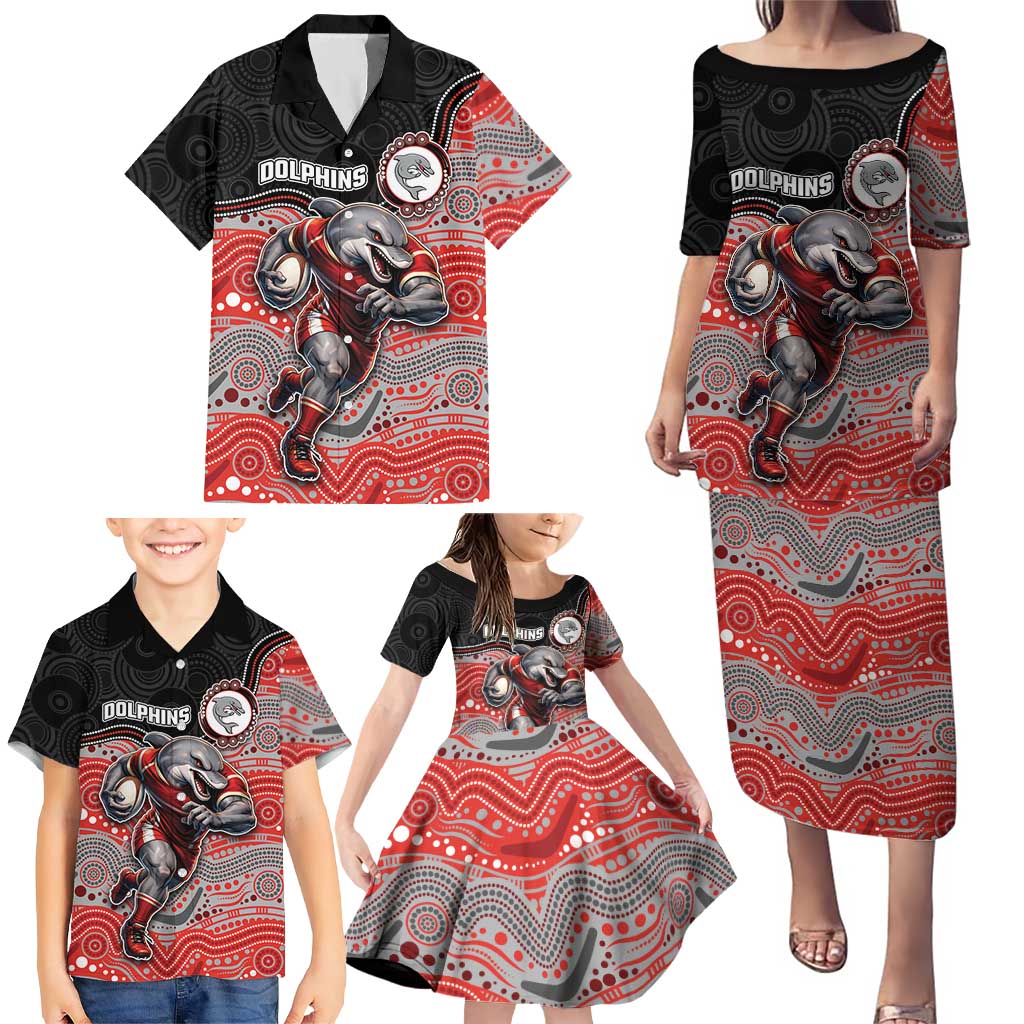 Custom Dolphins Family Matching Puletasi and Hawaiian Shirt Fish Mascot With Aboriginal Indigenous