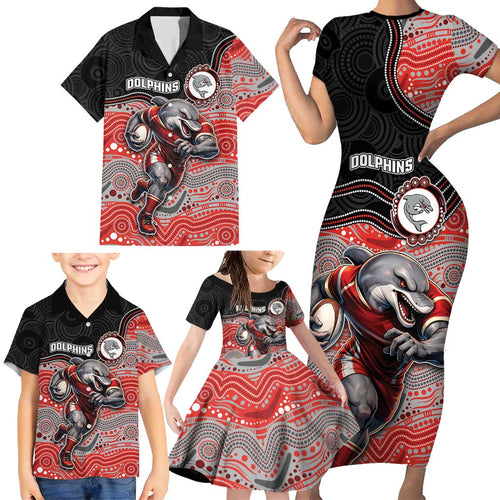 Custom Dolphins Family Matching Short Sleeve Bodycon Dress and Hawaiian Shirt Fish Mascot With Aboriginal Indigenous