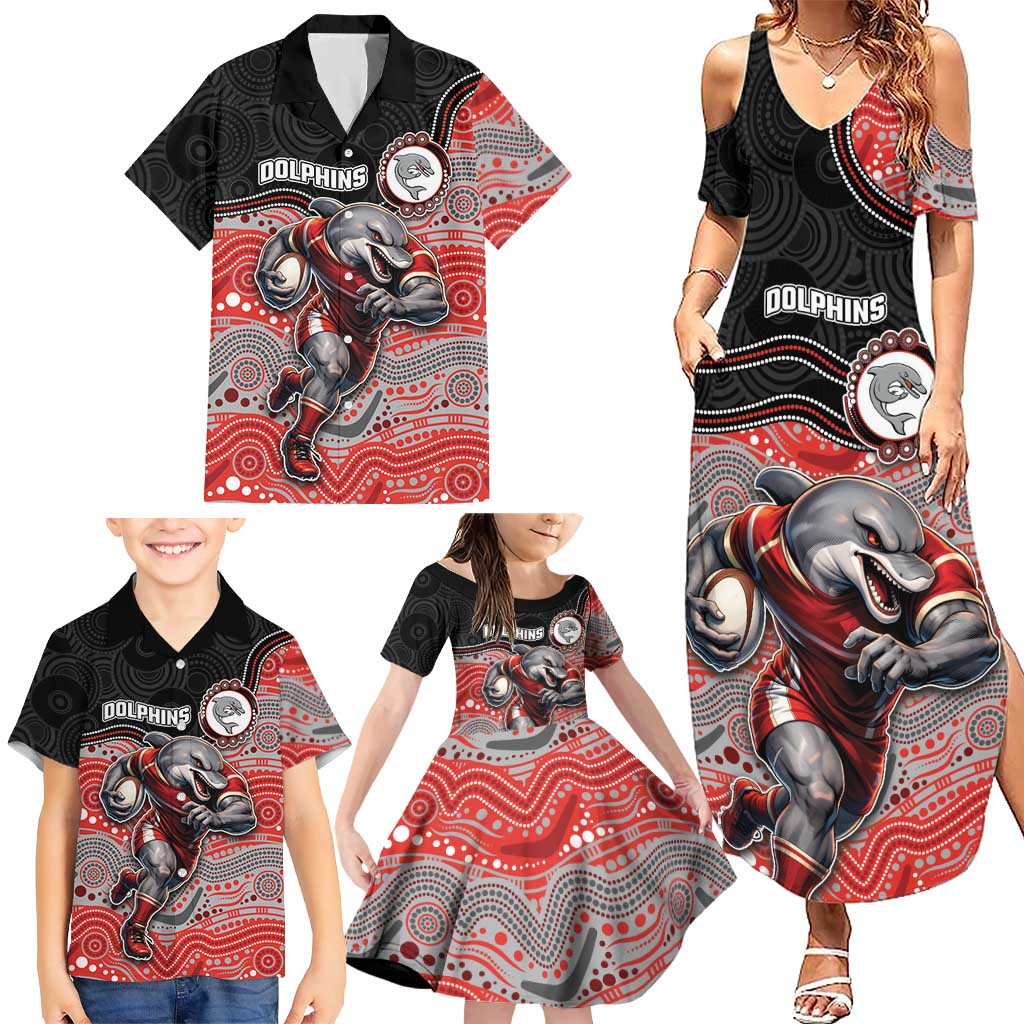 Custom Dolphins Family Matching Summer Maxi Dress and Hawaiian Shirt Fish Mascot With Aboriginal Indigenous