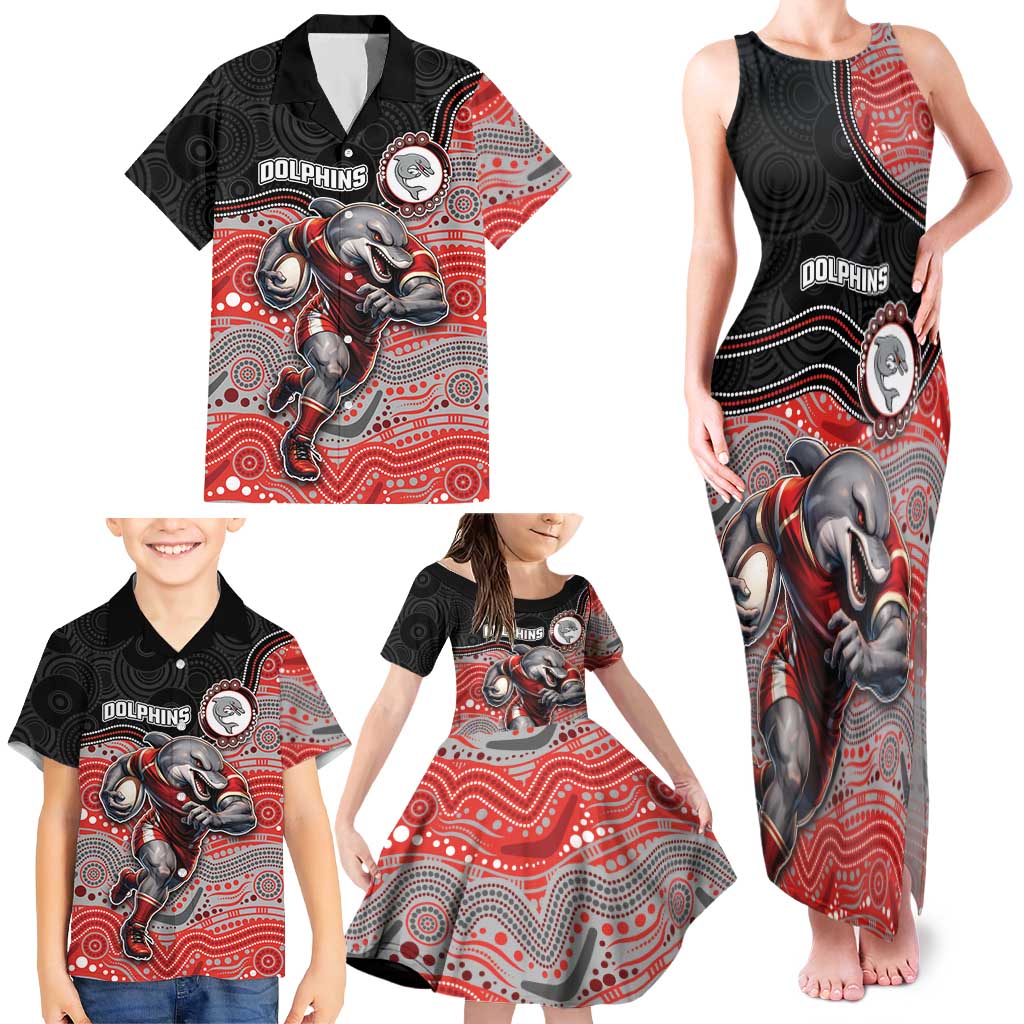 Custom Dolphins Family Matching Tank Maxi Dress and Hawaiian Shirt Fish Mascot With Aboriginal Indigenous