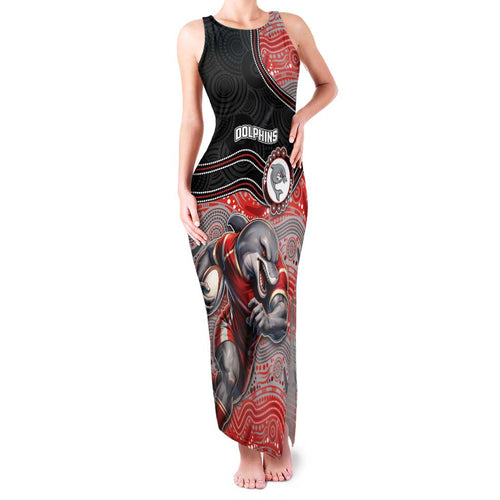 Custom Dolphins Family Matching Tank Maxi Dress and Hawaiian Shirt Fish Mascot With Aboriginal Indigenous