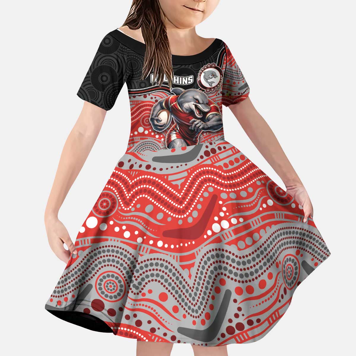 Custom Dolphins Kid Short Sleeve Dress Fish Mascot With Aboriginal Indigenous