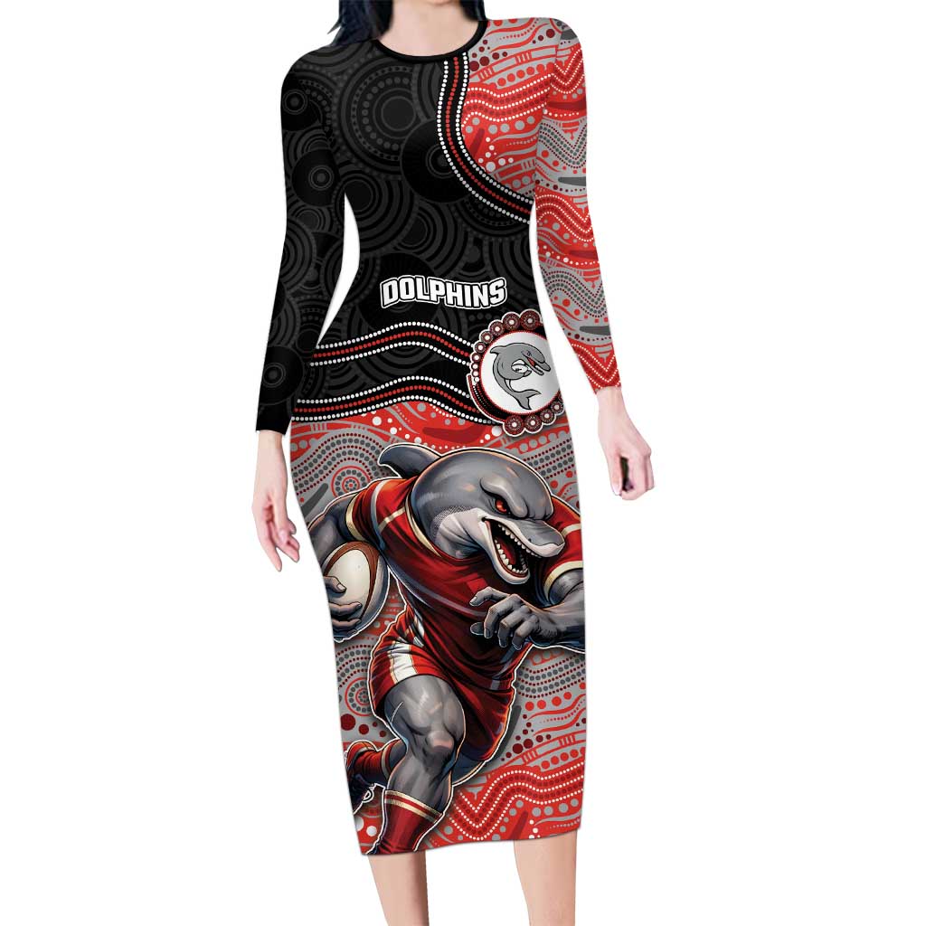 Custom Dolphins Long Sleeve Bodycon Dress Fish Mascot With Aboriginal Indigenous