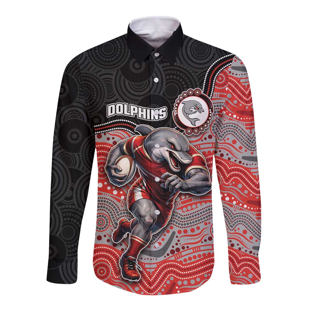 Custom Dolphins Long Sleeve Button Shirt Fish Mascot With Aboriginal Indigenous
