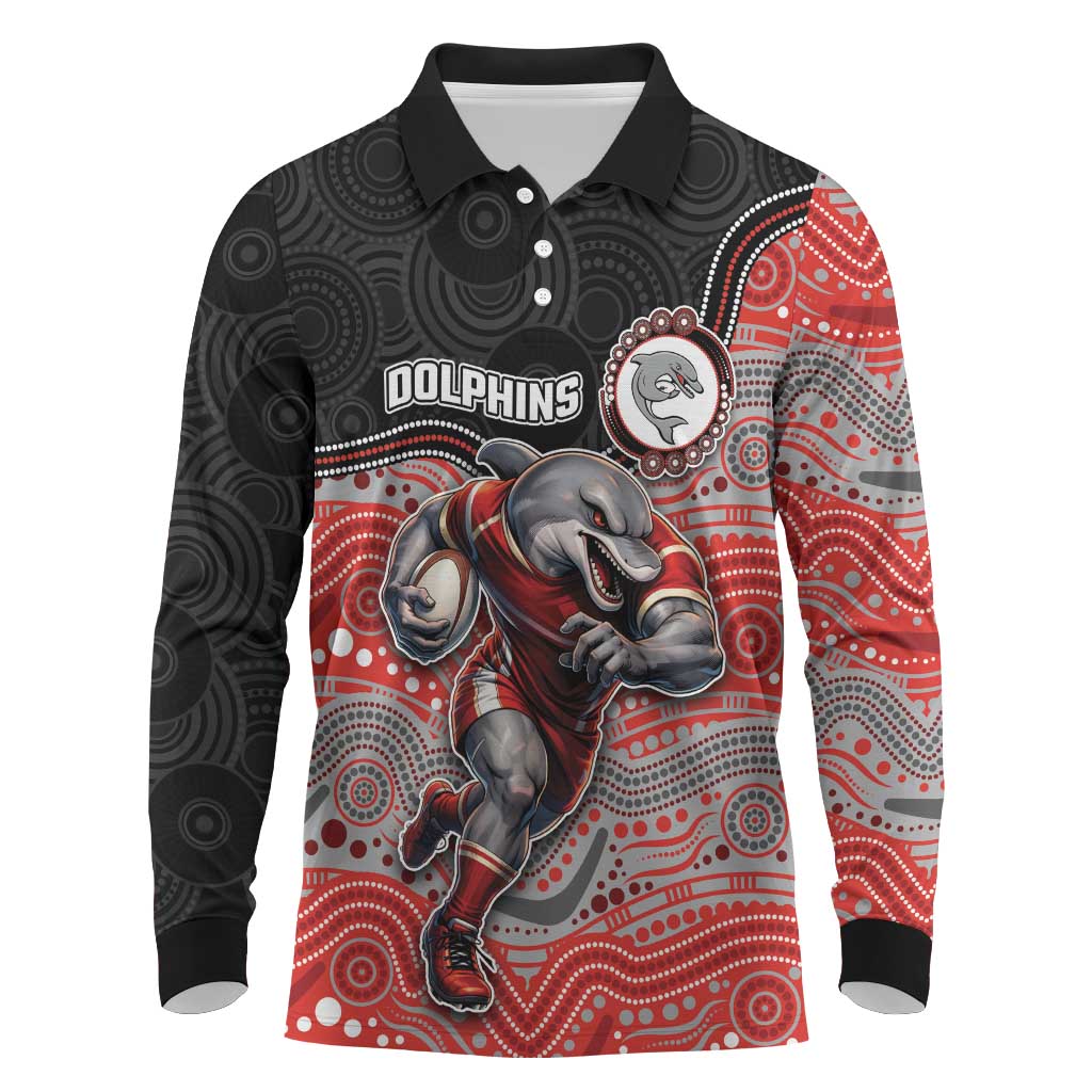 Custom Dolphins Long Sleeve Polo Shirt Fish Mascot With Aboriginal Indigenous
