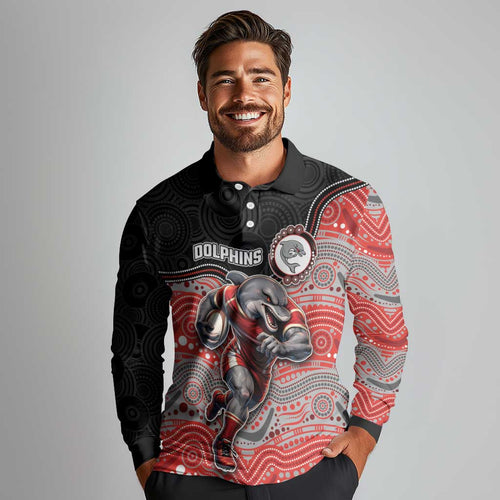 Custom Dolphins Long Sleeve Polo Shirt Fish Mascot With Aboriginal Indigenous
