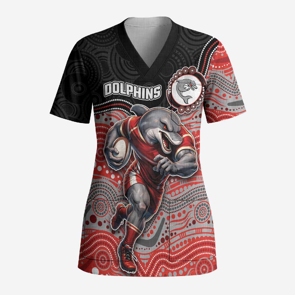 Custom Dolphins Scrub Top Fish Mascot With Aboriginal Indigenous