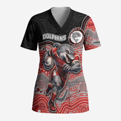 Custom Dolphins Scrub Top Fish Mascot With Aboriginal Indigenous