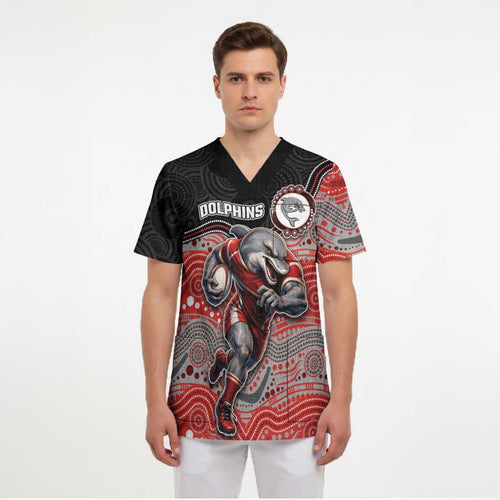 Custom Dolphins Scrub Top Fish Mascot With Aboriginal Indigenous
