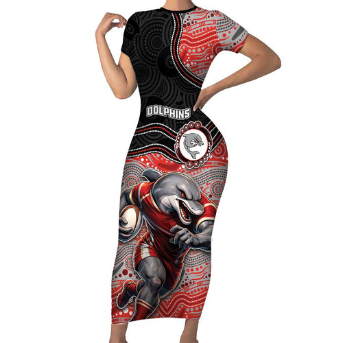Custom Dolphins Short Sleeve Bodycon Dress Fish Mascot With Aboriginal Indigenous