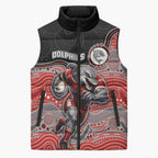Custom Dolphins Sleeveless Puffer Jacket Fish Mascot With Aboriginal Indigenous