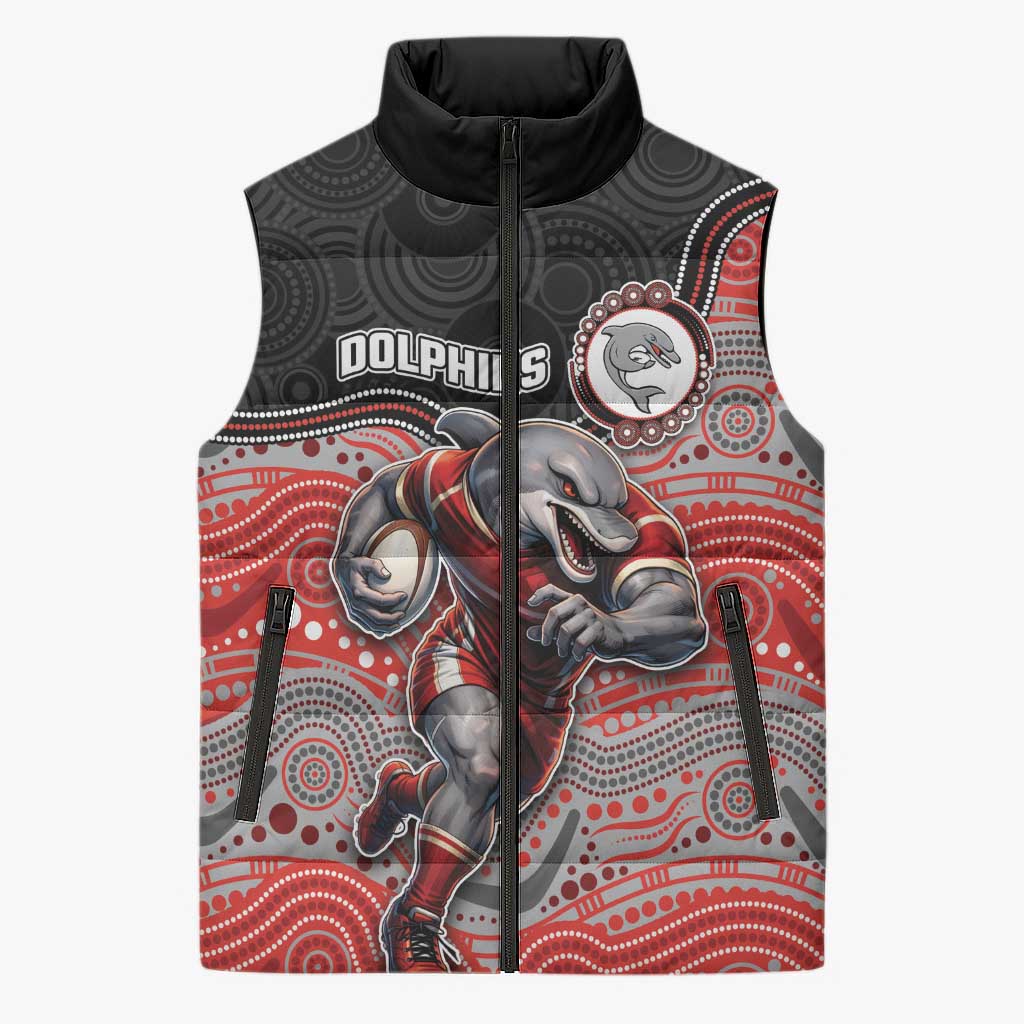 Custom Dolphins Sleeveless Puffer Jacket Fish Mascot With Aboriginal Indigenous