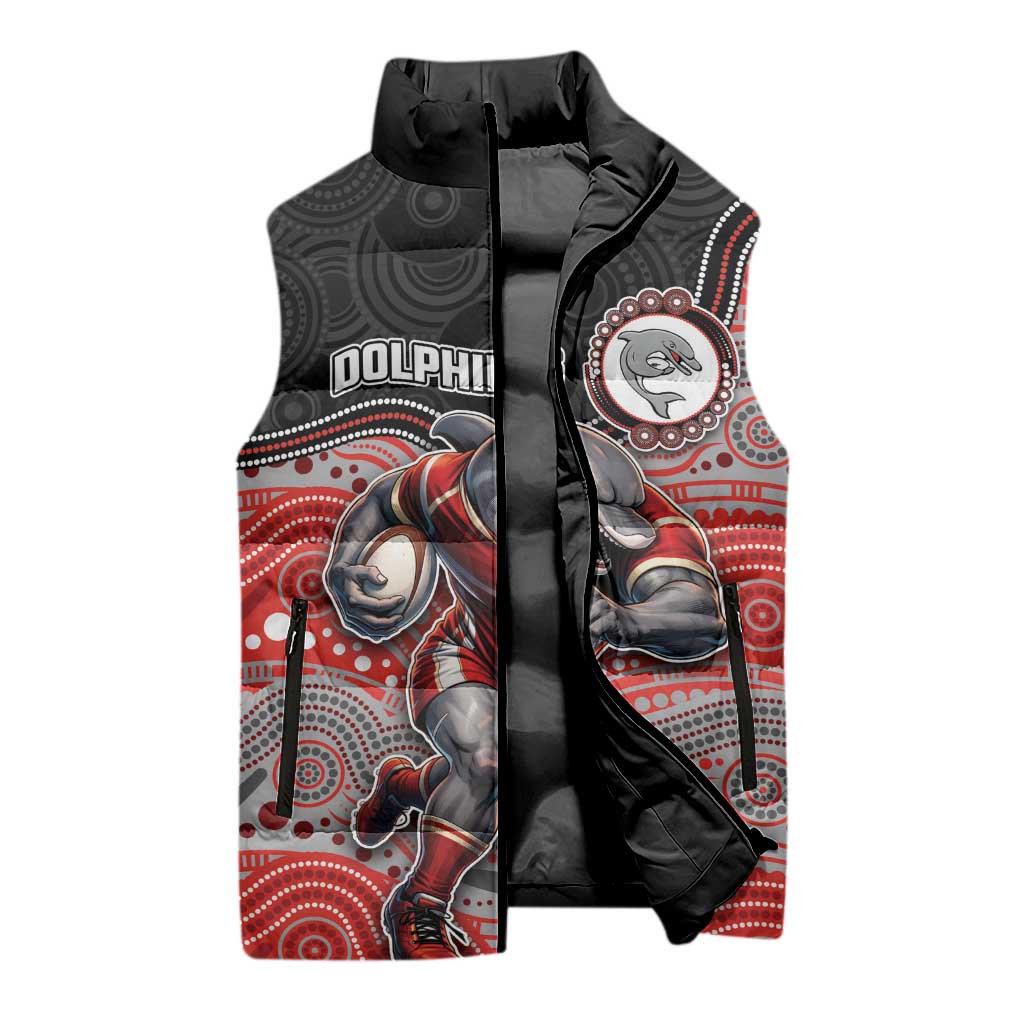 Custom Dolphins Sleeveless Puffer Jacket Fish Mascot With Aboriginal Indigenous