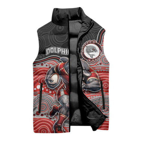 Custom Dolphins Sleeveless Puffer Jacket Fish Mascot With Aboriginal Indigenous