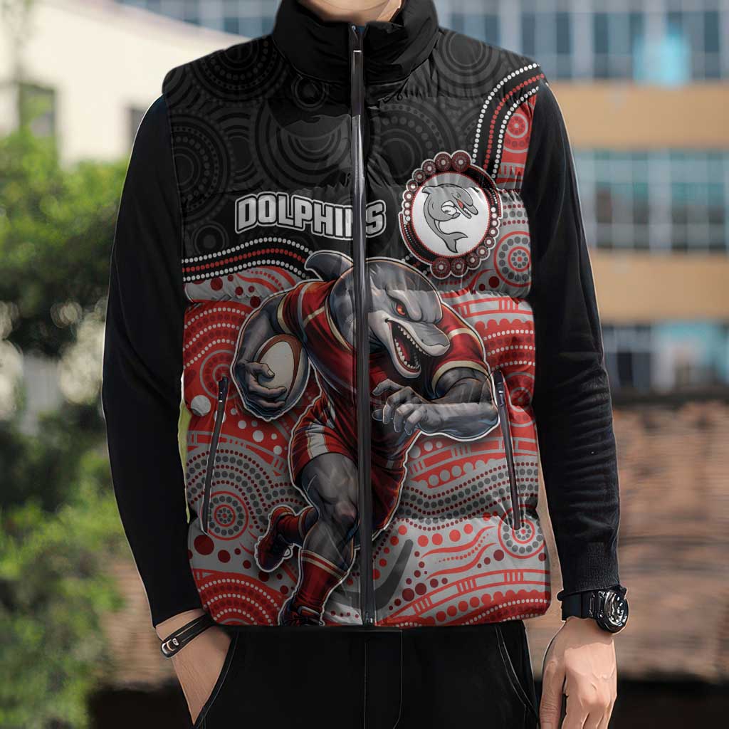 Custom Dolphins Sleeveless Puffer Jacket Fish Mascot With Aboriginal Indigenous