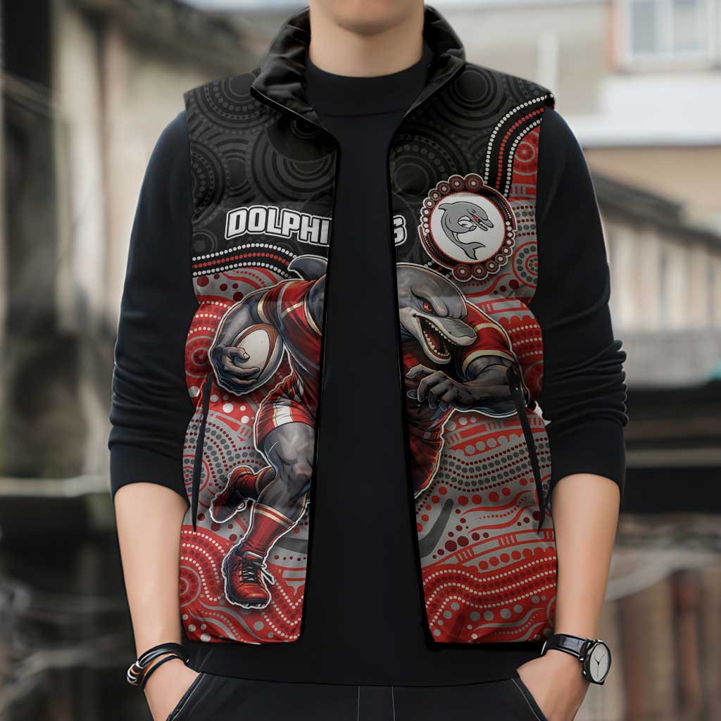 Custom Dolphins Sleeveless Puffer Jacket Fish Mascot With Aboriginal Indigenous