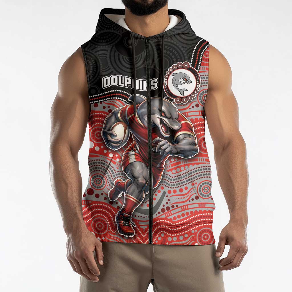 Custom Dolphins Sleeveless Zip Hoodie Fish Mascot With Aboriginal Indigenous