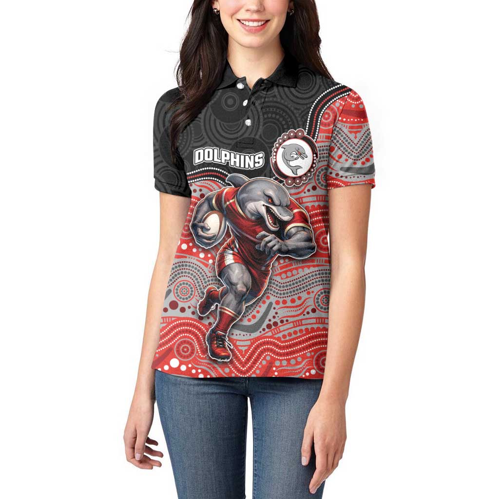 Custom Dolphins Women Polo Shirt Fish Mascot With Aboriginal Indigenous