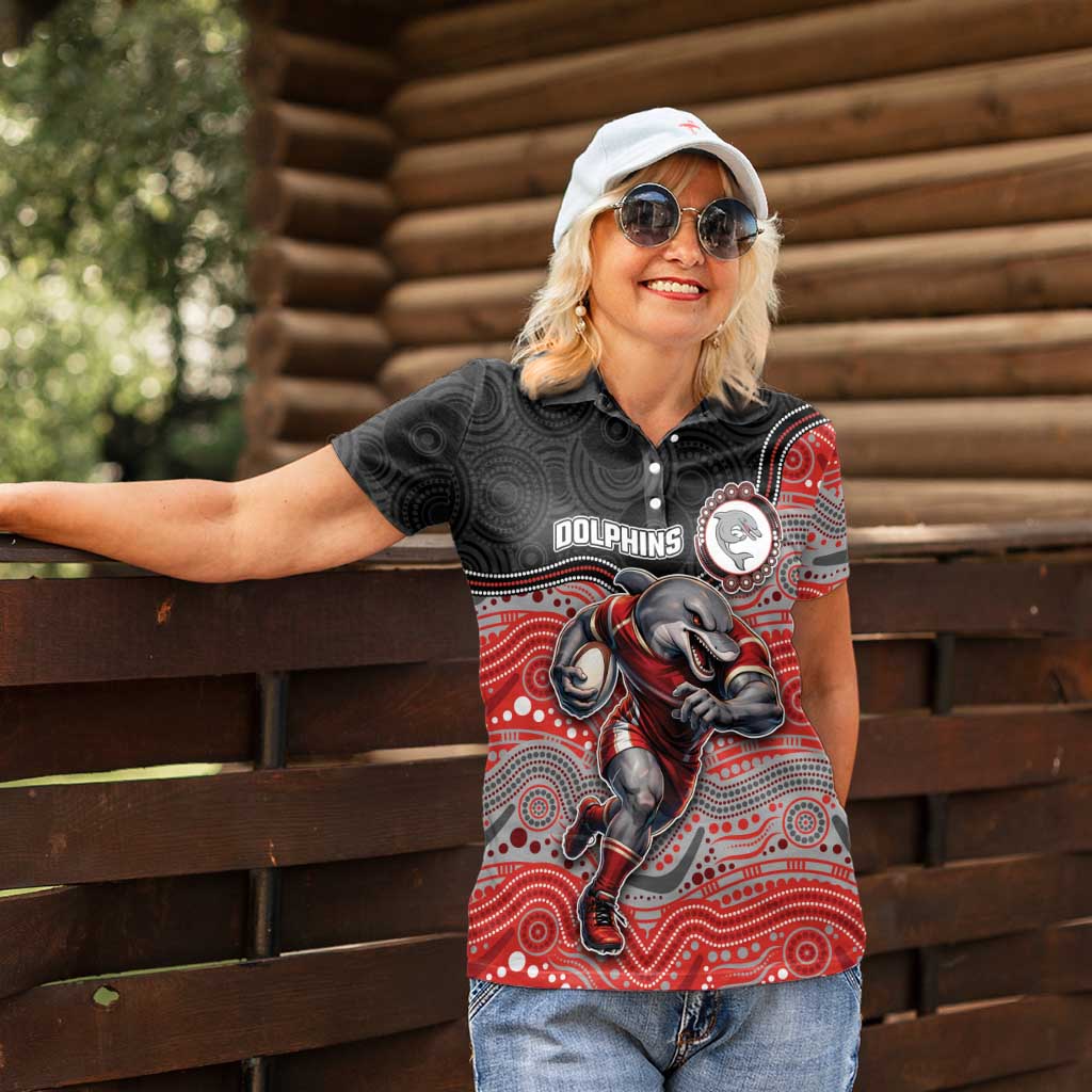 Custom Dolphins Women Polo Shirt Fish Mascot With Aboriginal Indigenous