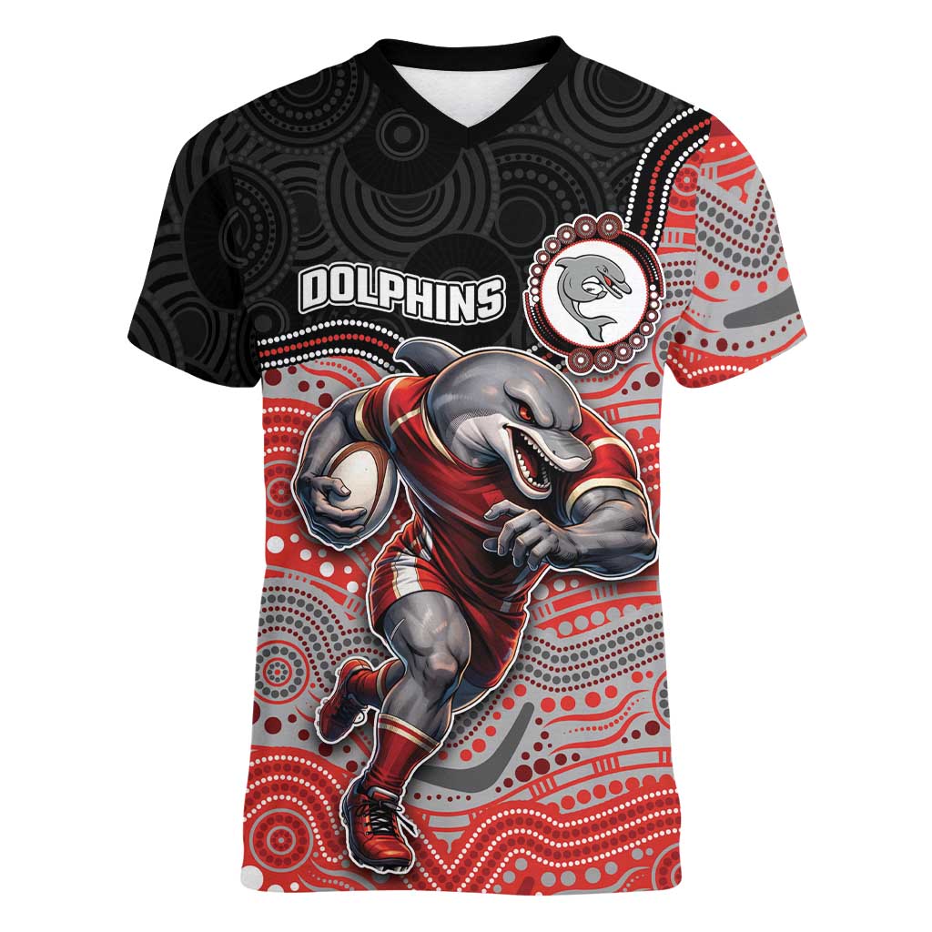 Custom Dolphins Women V-Neck T-Shirt Fish Mascot With Aboriginal Indigenous