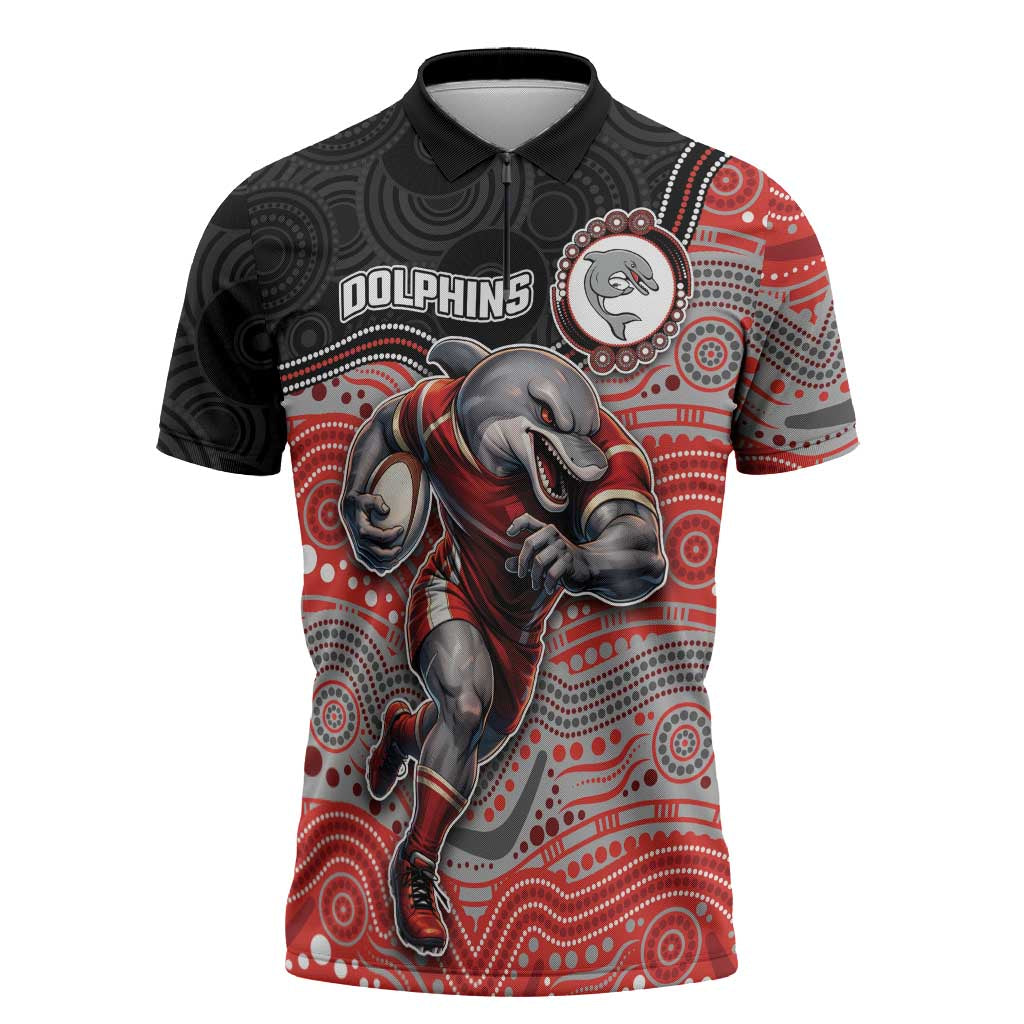 Custom Dolphins Zipper Polo Shirt Fish Mascot With Aboriginal Indigenous