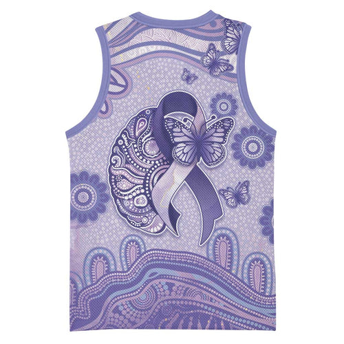 Personalised Epilepsy Awareness Basketball Jersey Purple Ribbon Butterfly And Brain Aboriginal Art