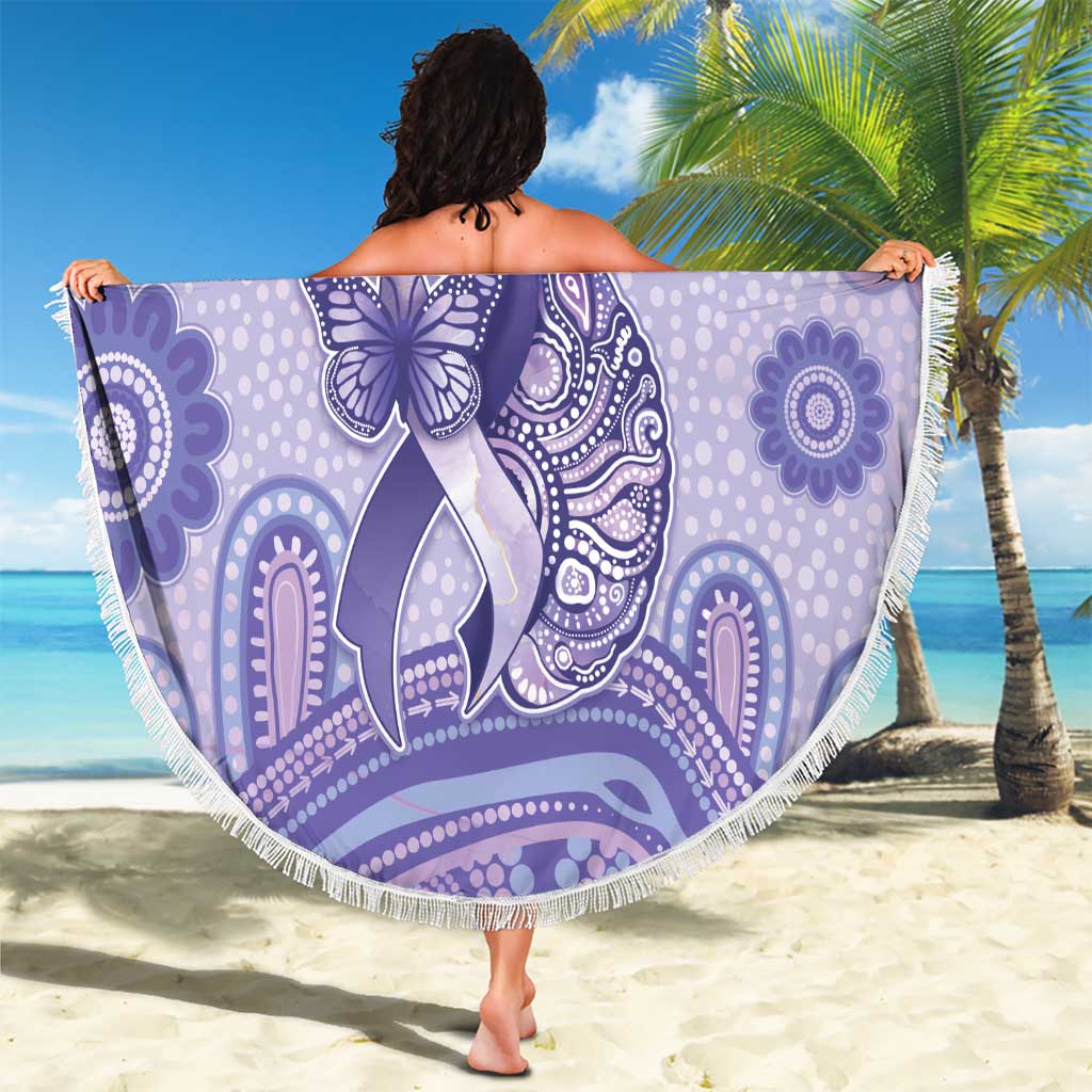 Personalised Epilepsy Awareness Beach Blanket Purple Ribbon Butterfly And Brain Aboriginal Art