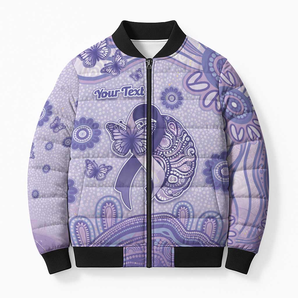 Personalised Epilepsy Awareness Bomber Puffer Jacket Purple Ribbon Butterfly And Brain Aboriginal Art